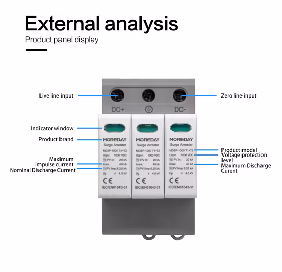 Dispositivo di protezione contro le sovratensioni TUV CE 3p 20ka-40ka T1 T2 DC 1000V 1200V 1500V Solar PV SPD Dps