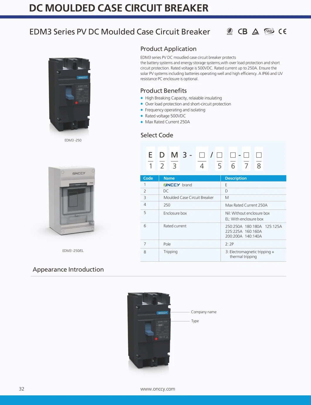 DC MCCB 500V 2p 125A 250A Solor PV Moulded Case Circuit Breaker